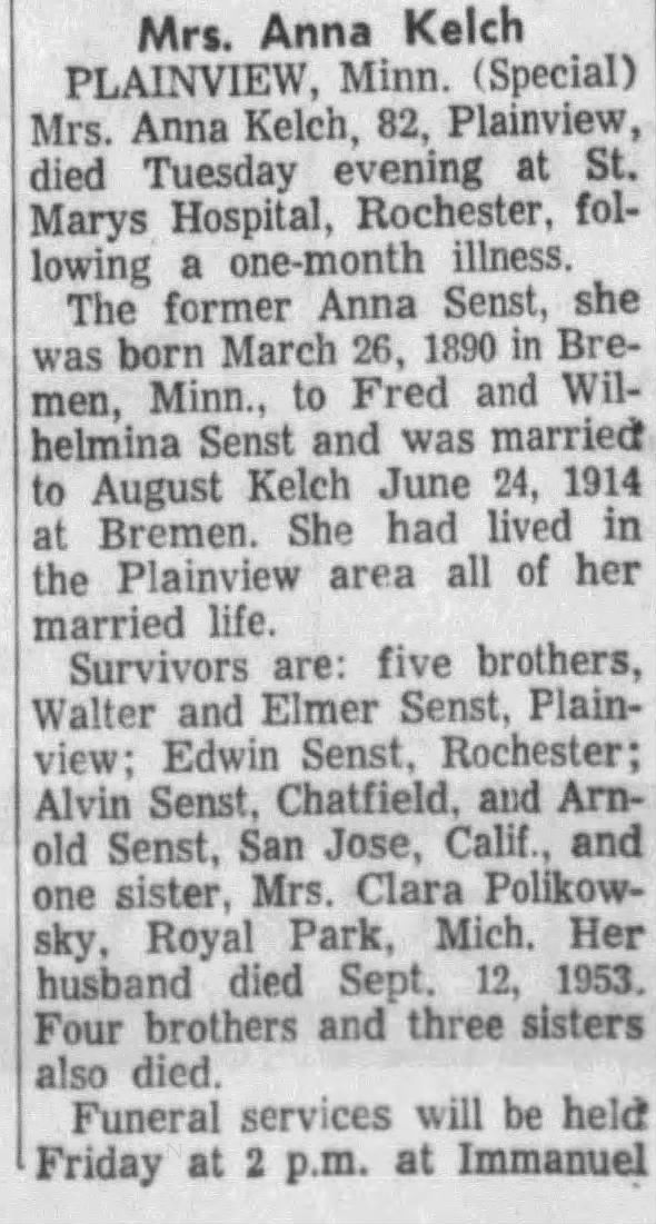 Obituary for Anna Kelch (Aged 82)